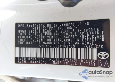 2014 Toyota Corolla Le Eco from USA, damaged, VIN 5YFBPRHE5EP162129